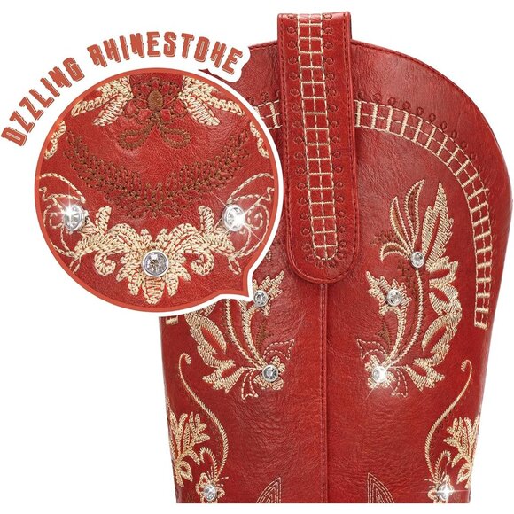 Women Polyurethane Red Rhinestone Embroidered Chunky Heel Knee High Tall Boots - Picture 4 of 5